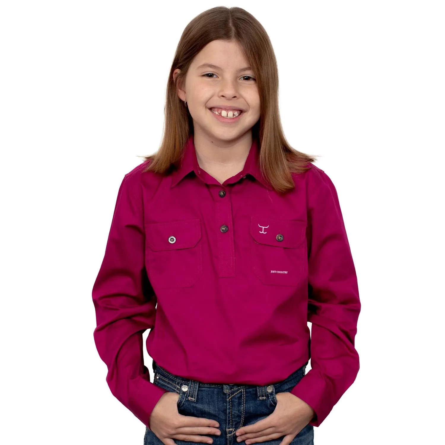 Just Country Kids Girls Kenzie Half Button Long Sleeve Magenta Work Shirt, Size: XS (4-5)