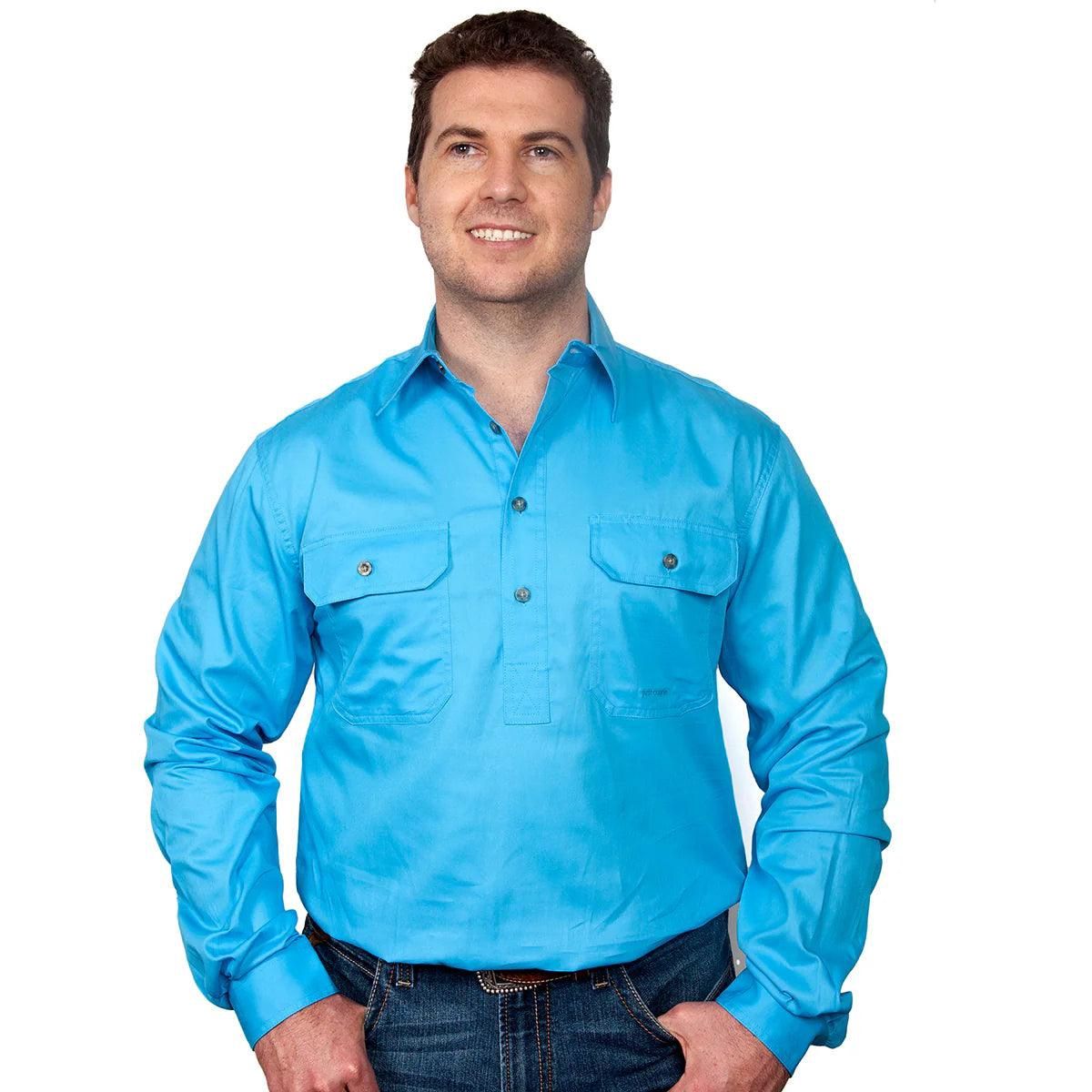 Just Country Mens Cameron Half Button Long Sleeve Sky Work Shirt, Size: S