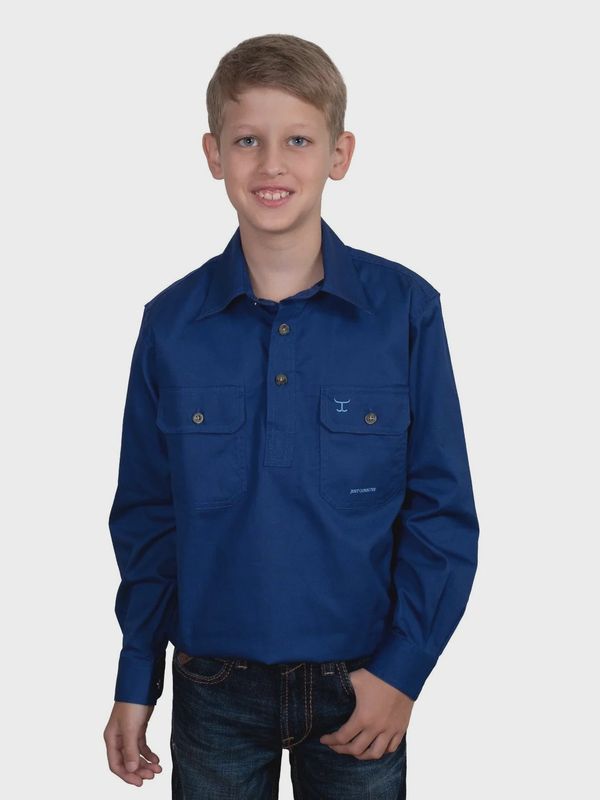 Just Country Kids Boys Lachlan Half Button Long Sleeve Cobalt Work Shirt