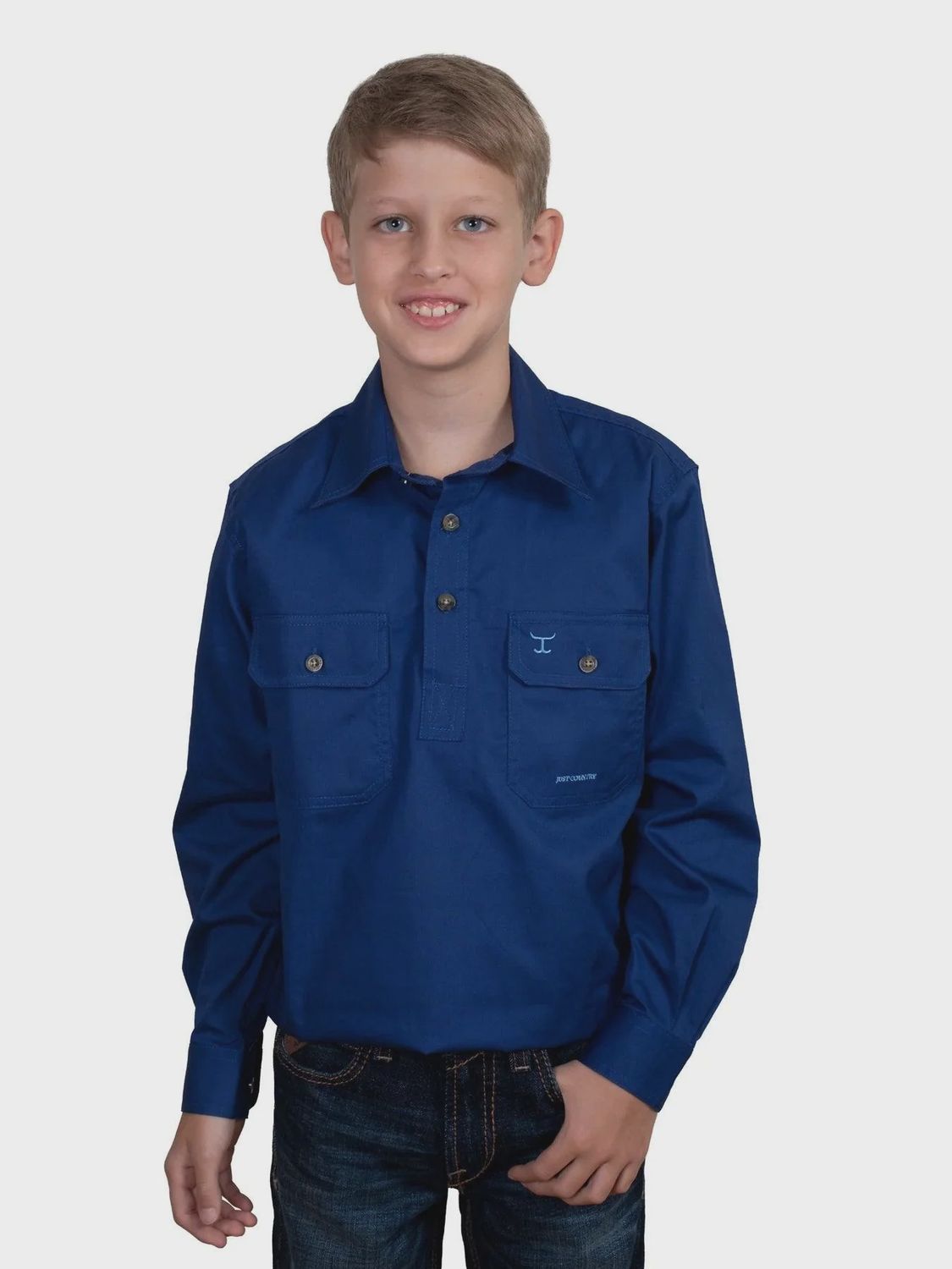 Just Country Kids Boys Lachlan Half Button Long Sleeve Cobalt Work Shirt, Size: XXS (2-3)