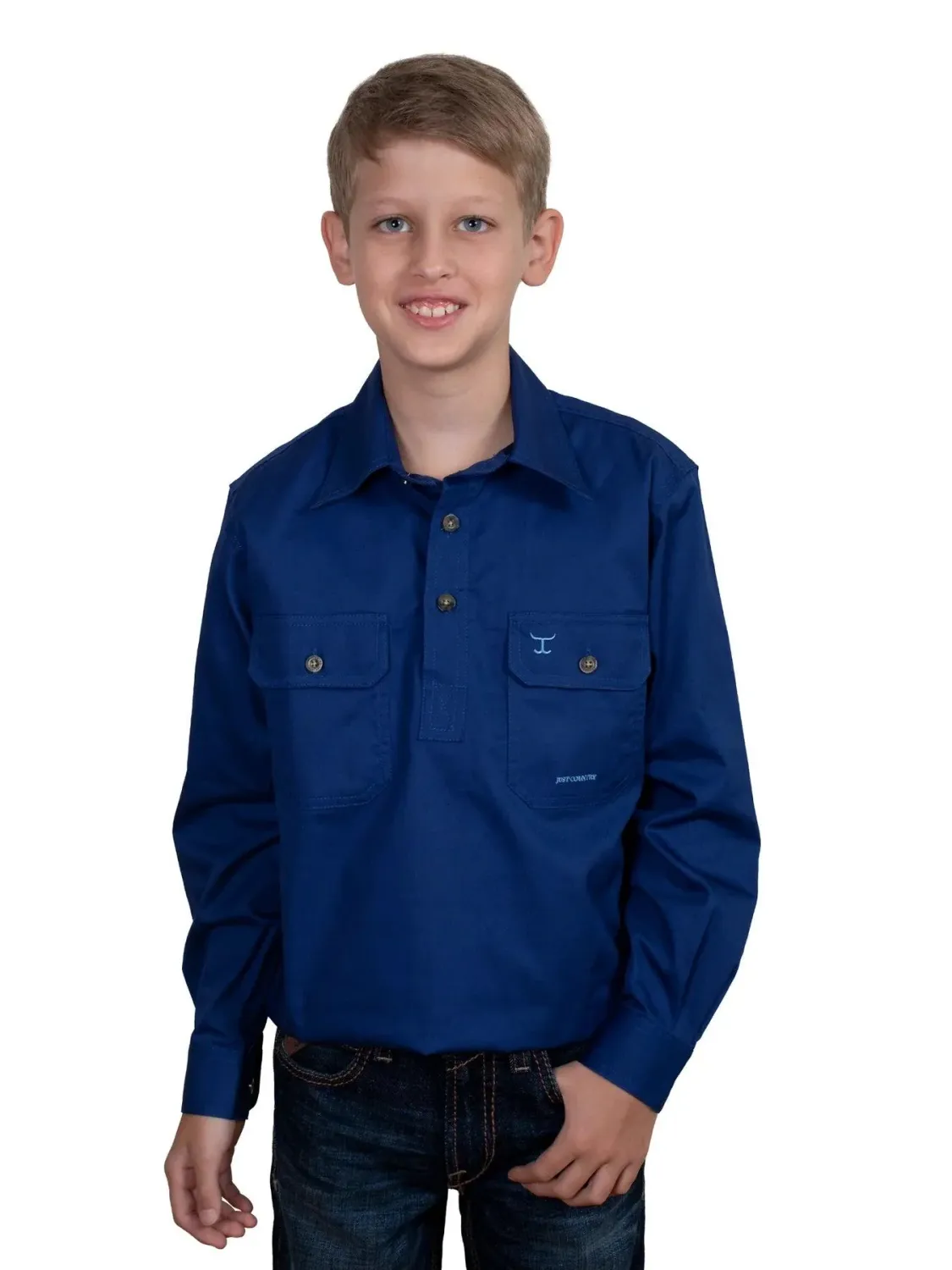 Just Country Kids Boys Lachlan Half Button Long Sleeve Cobalt Work Shirt, Size: XXS (2-3)