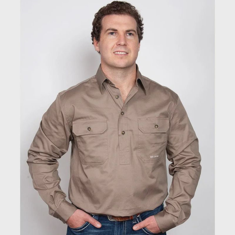 Just Country Mens Cameron Half Button Long Sleeve Brown Work Shirt