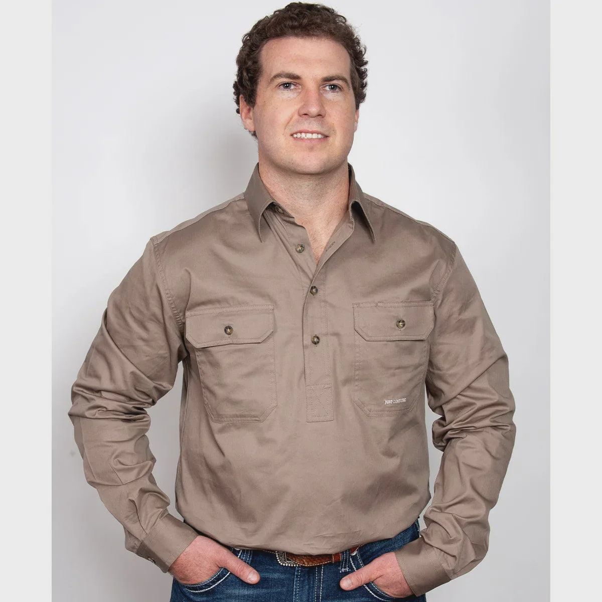 Just Country Mens Cameron Half Button Long Sleeve Brown Work Shirt, Size: S