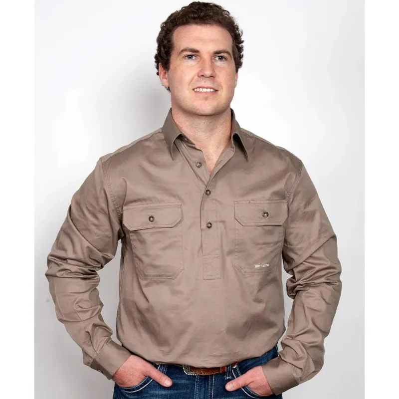 Just Country Mens Cameron Half Button Long Sleeve Brown Work Shirt