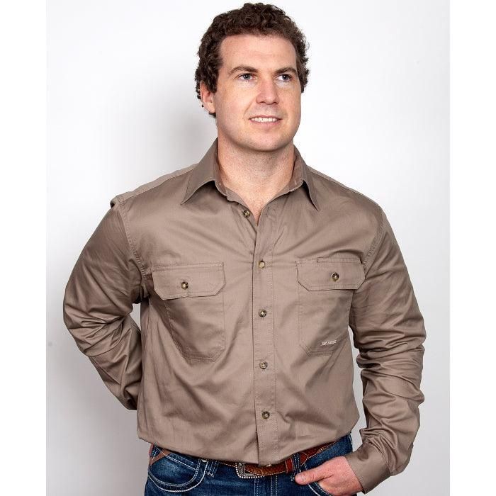 Just Country Mens Evan Full Button Long Sleeve Brown Work Shirt, Size: S