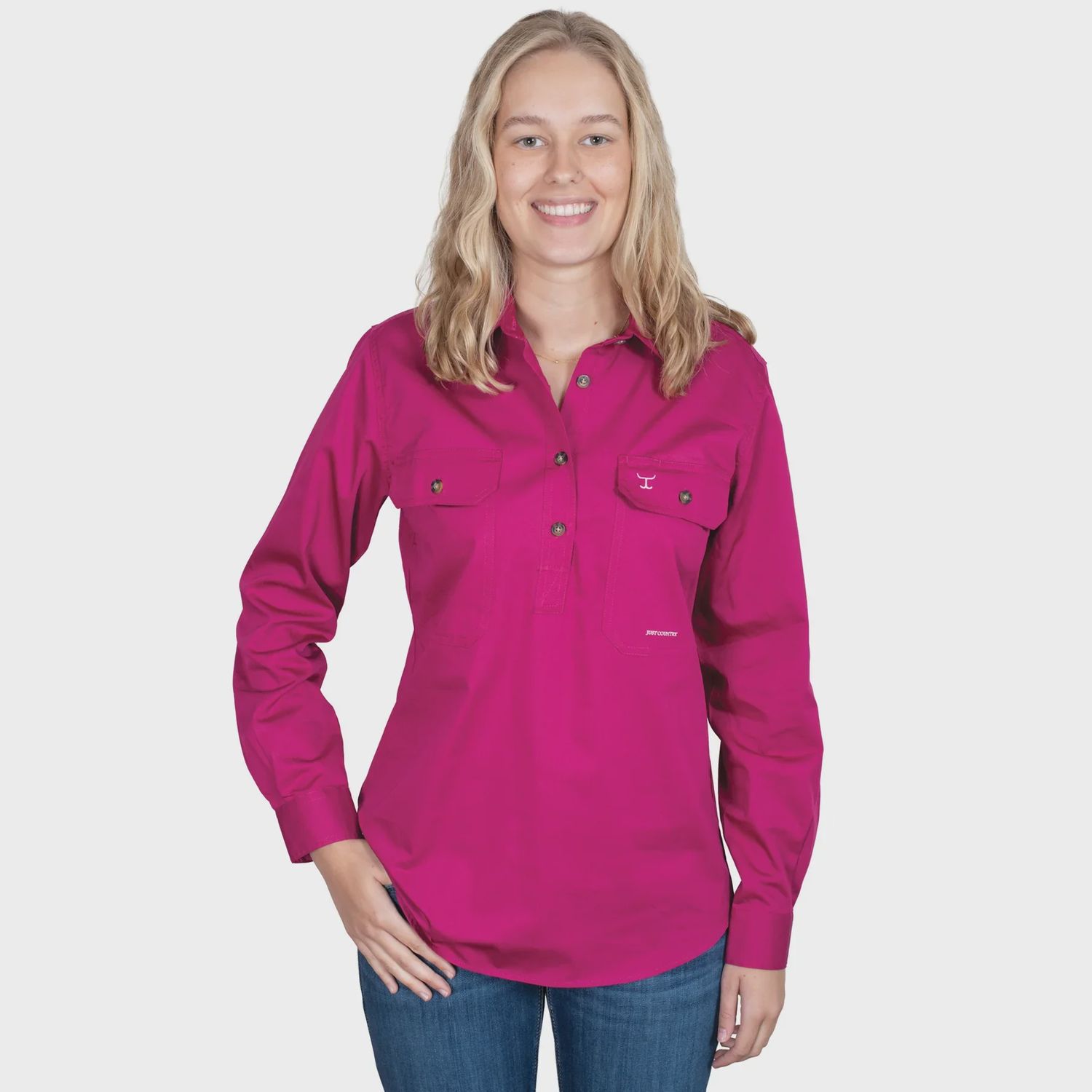 Just Country Ladies Jahna Half Button Long Sleeve Magenta Work Shirt, Size: XS (8)