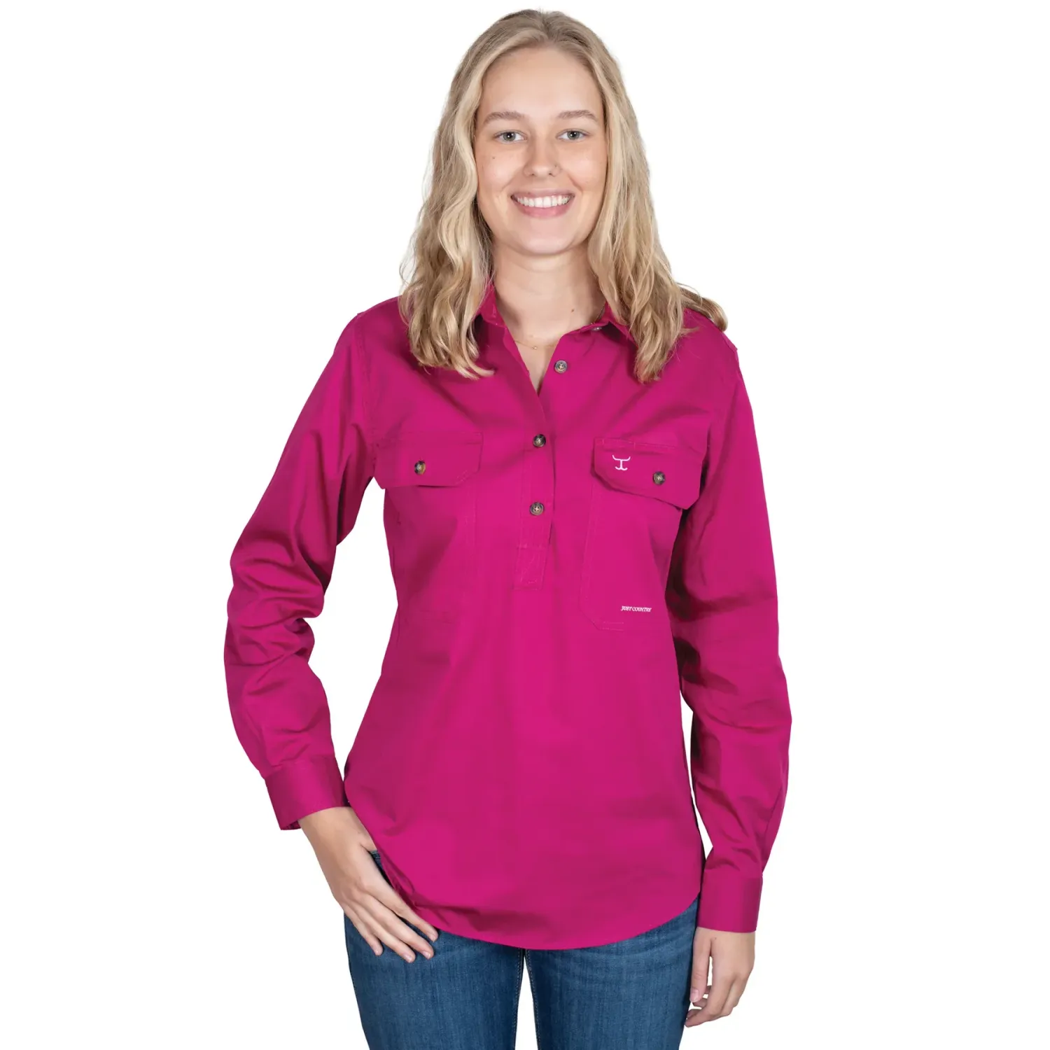 Just Country Ladies Jahna Half Button Long Sleeve Magenta Work Shirt, Size: XS (8)