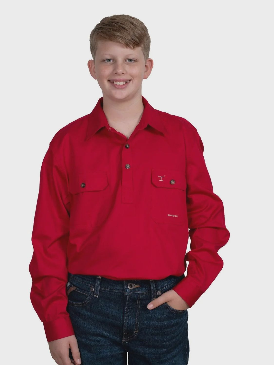 Just Country Kids Boys Lachlan Half Button Long Sleeve Chilli Work Shirt, Size: XXS (2-3)