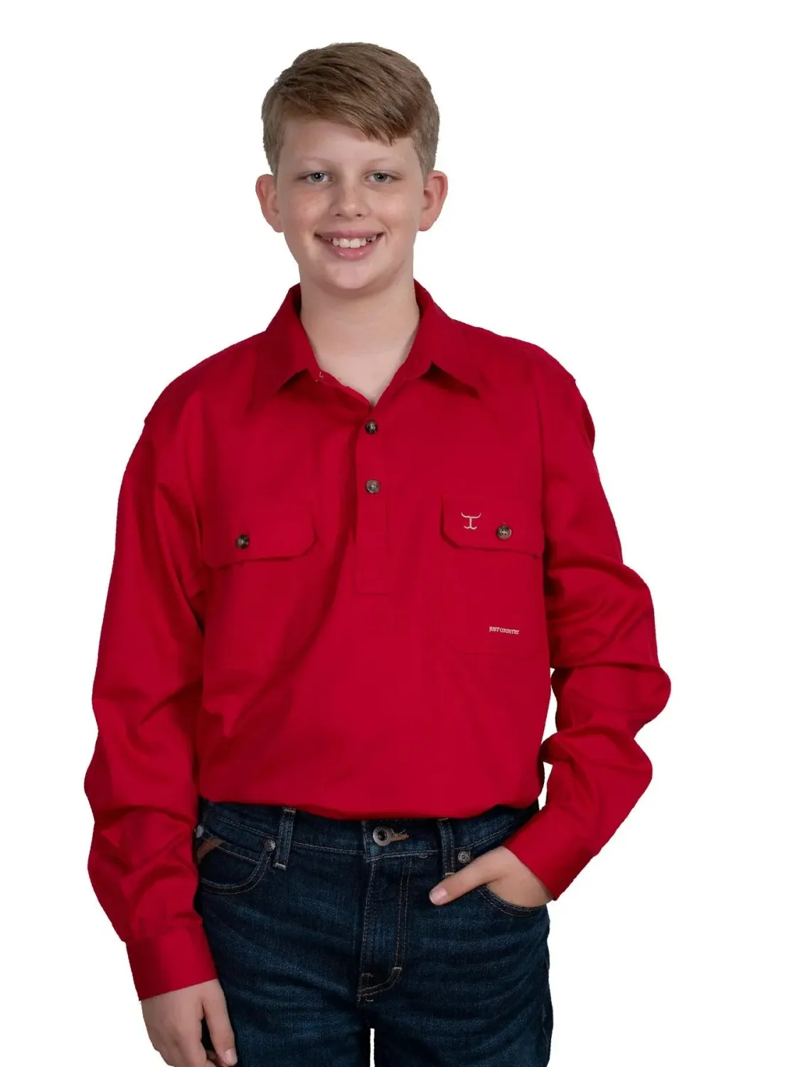 Just Country Kids Boys Lachlan Half Button Long Sleeve Chilli Work Shirt, Size: XXS (2-3)