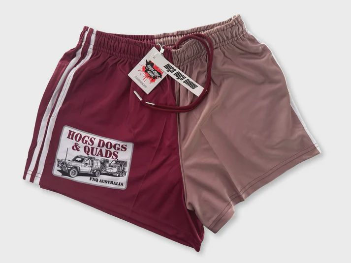 Hogs Dogs and Quads Adult Pig Dog Photo Maroon Footy Short, Size: S