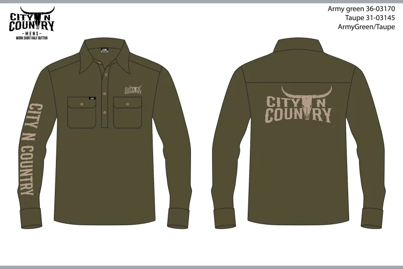 City N Country Mens Embroidered Army Green and Taupe Work Shirt
