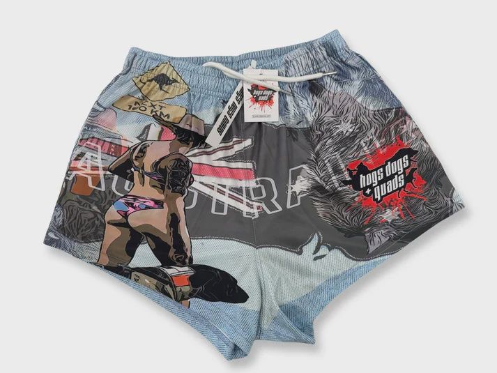 Hogs Dogs and Quads Adult Aus Map Print Footy Short, Size: S