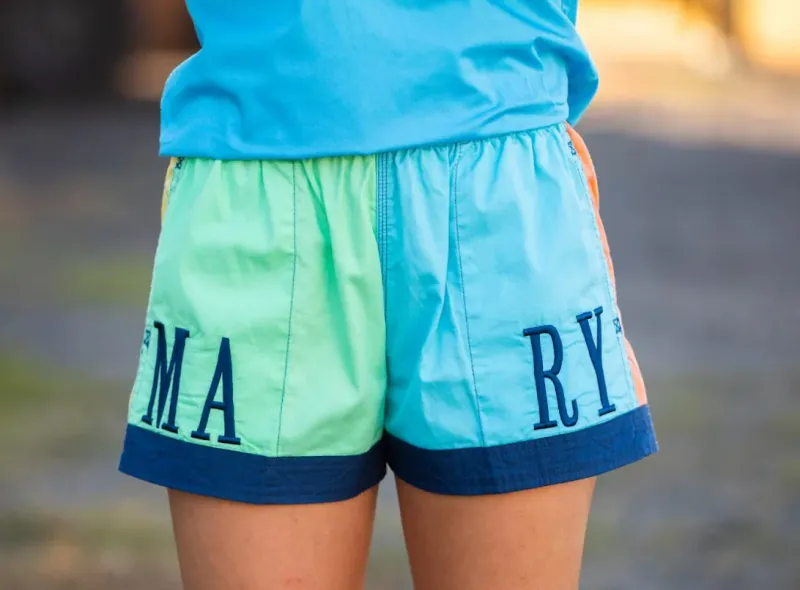 Mary G Ladies Old School Spearmint Sky Blue Peach Yellow and Denim Panel Short