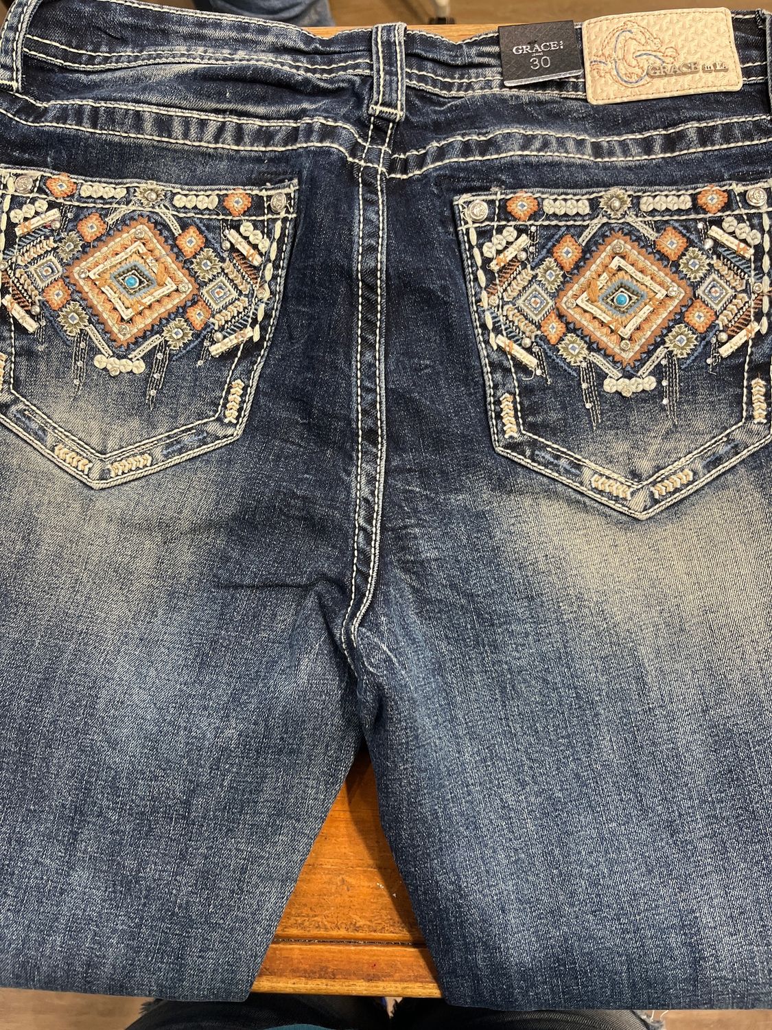 Grace In La Ladies Orange Aztec Jean, Size: 25