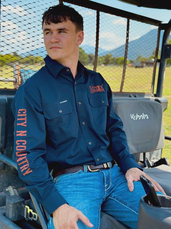 City N Country Mens Embroidered Navy and Clay Work Shirt