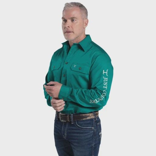 Just Country Mens Evan Embroidered Workshirt - Dark Green/Stone