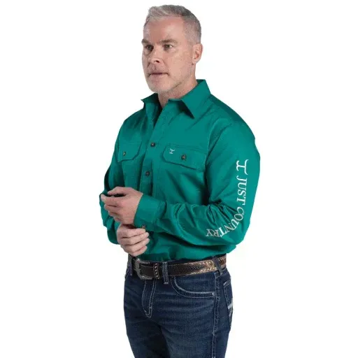 Just Country Mens Evan Embroidered Workshirt - Dark Green/Stone, Size: S