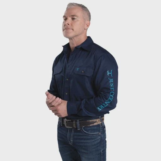 Just Country Mens Evan Embroidered Workshirt -Navy/Blue