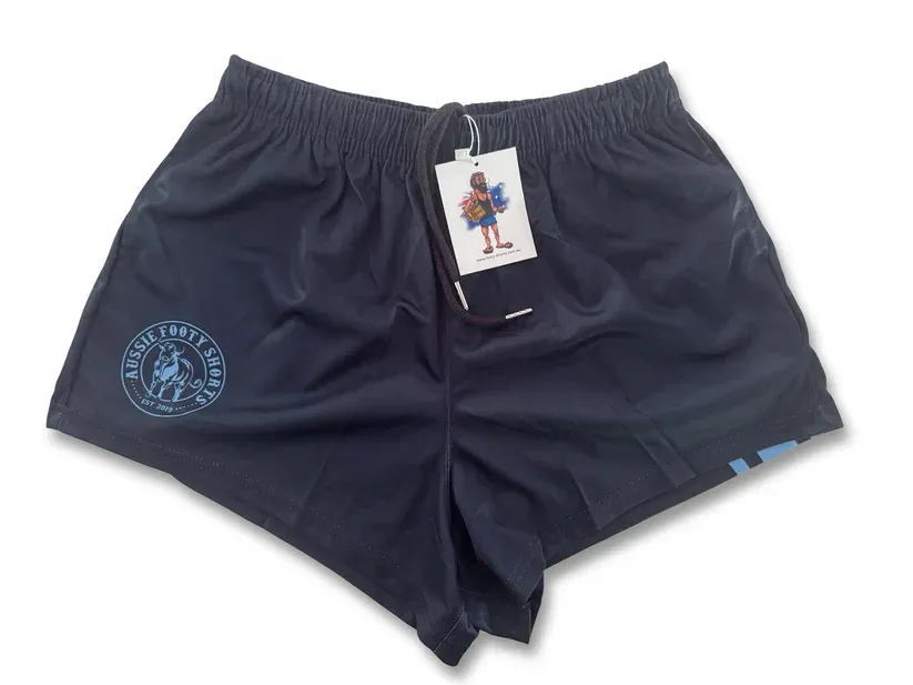 Aussie Footy Shorts Adult Navy Blue Stripe Footy Short, Size: XS
