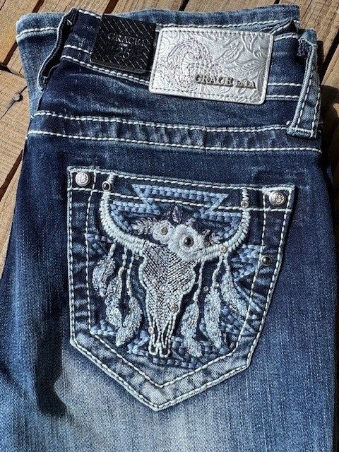 Grace In La Ladies Blue Cow Skull Boot Cut Jean, Size: 25