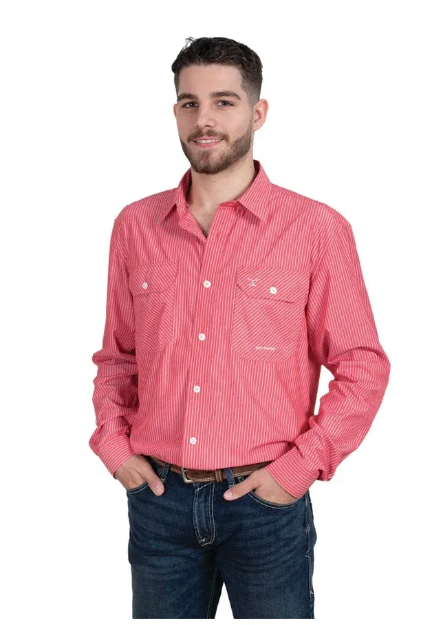 Just Country Mens Evan Bamboo Blend Red and White Stripe Work Shirt, Size: S