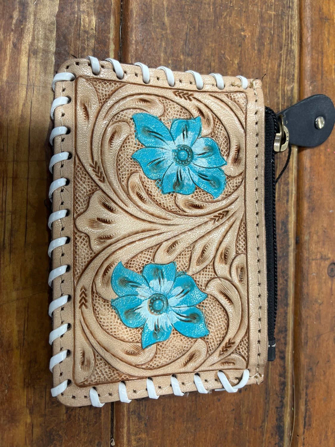 Bushfire Road Tooled Tan Aqua Flower Coin Purse