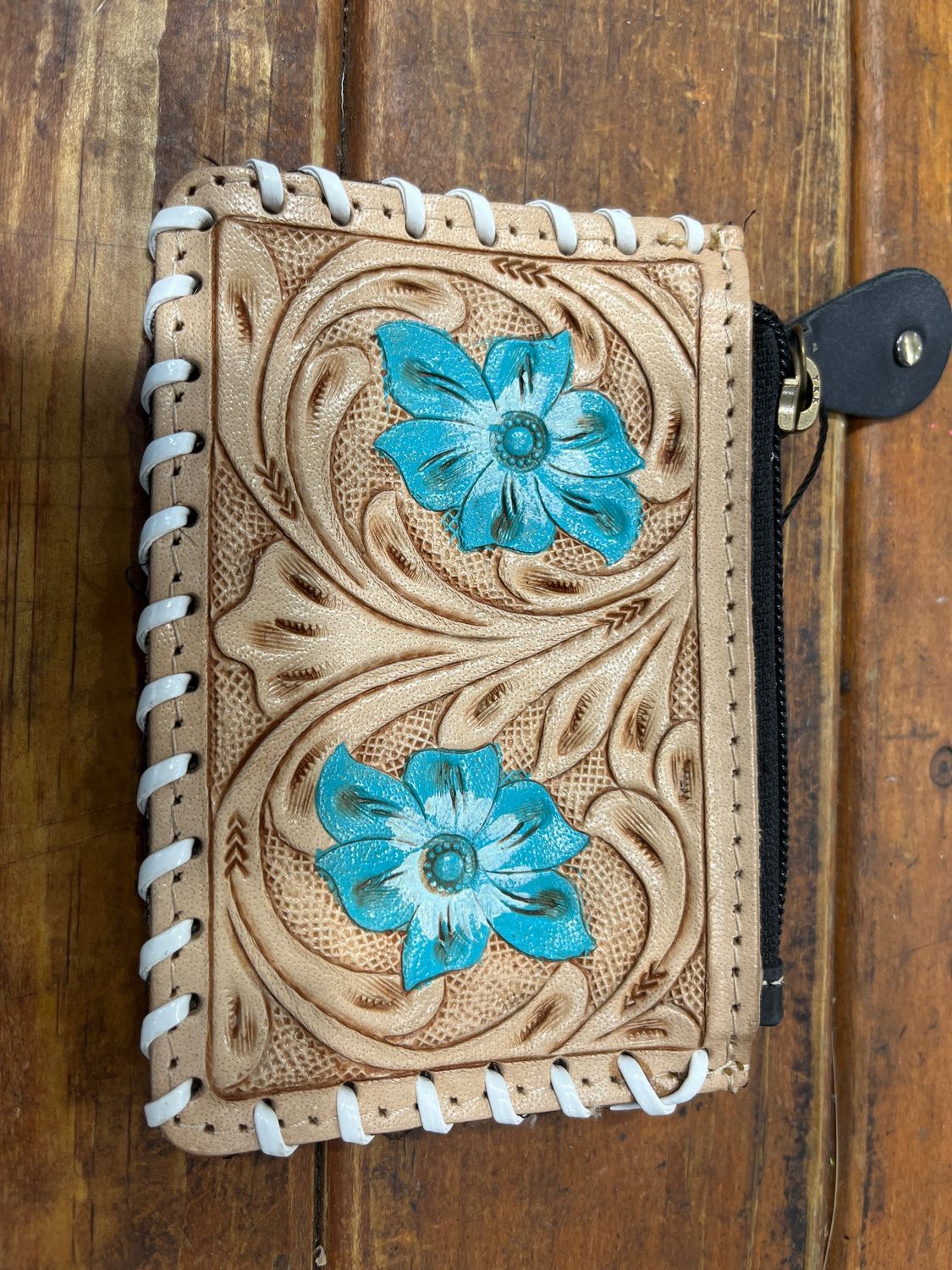 Bushfire Road Tooled Tan Aqua Flower Coin Purse