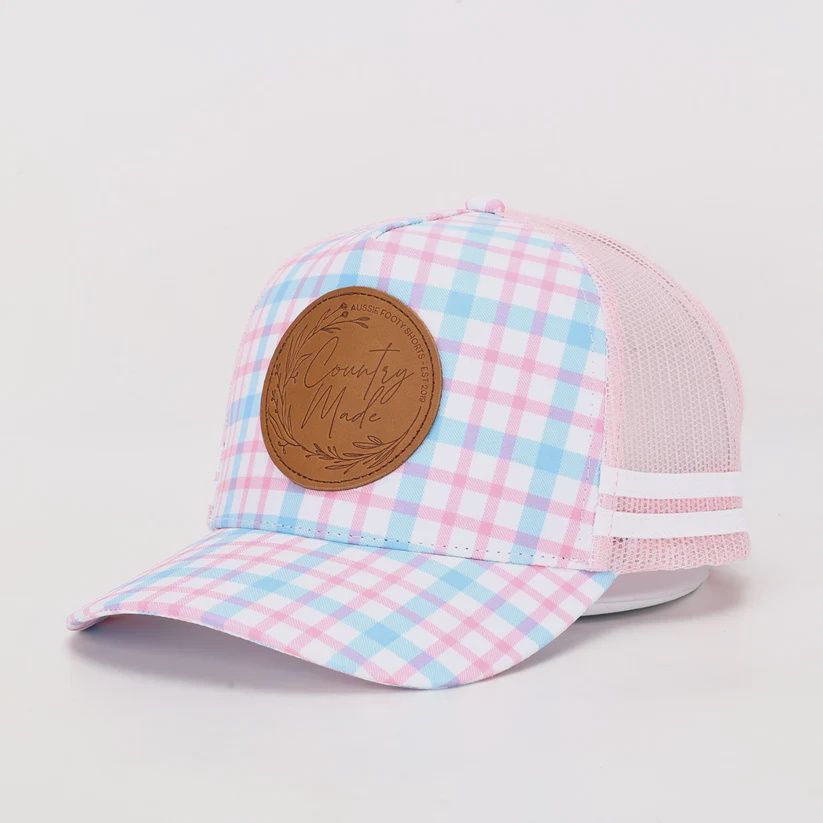 Aussie Footy Shorts Truckers Hat Country Made, Pink &amp; Blue, Leather Patch