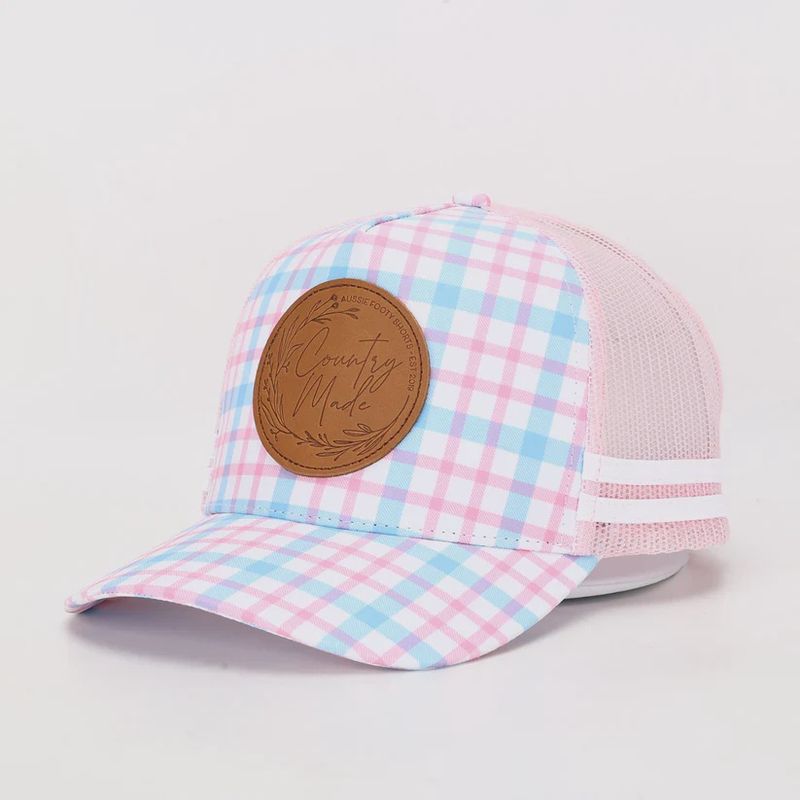 Aussie Footy Shorts Truckers Hat Country Made, Pink &amp; Blue, Leather Patch
