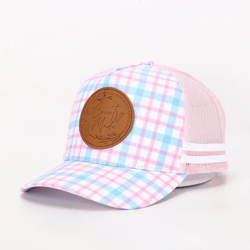Aussie Footy Shorts Truckers Hat Country Made, Pink &amp; Blue, Leather Patch