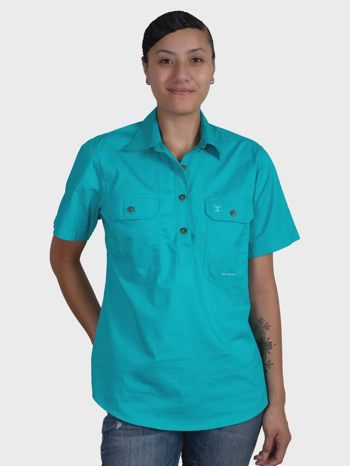 Just Country Ladies Evie Half Button Short Sleeve Turquoise Work Shirt, Size: XS (8)