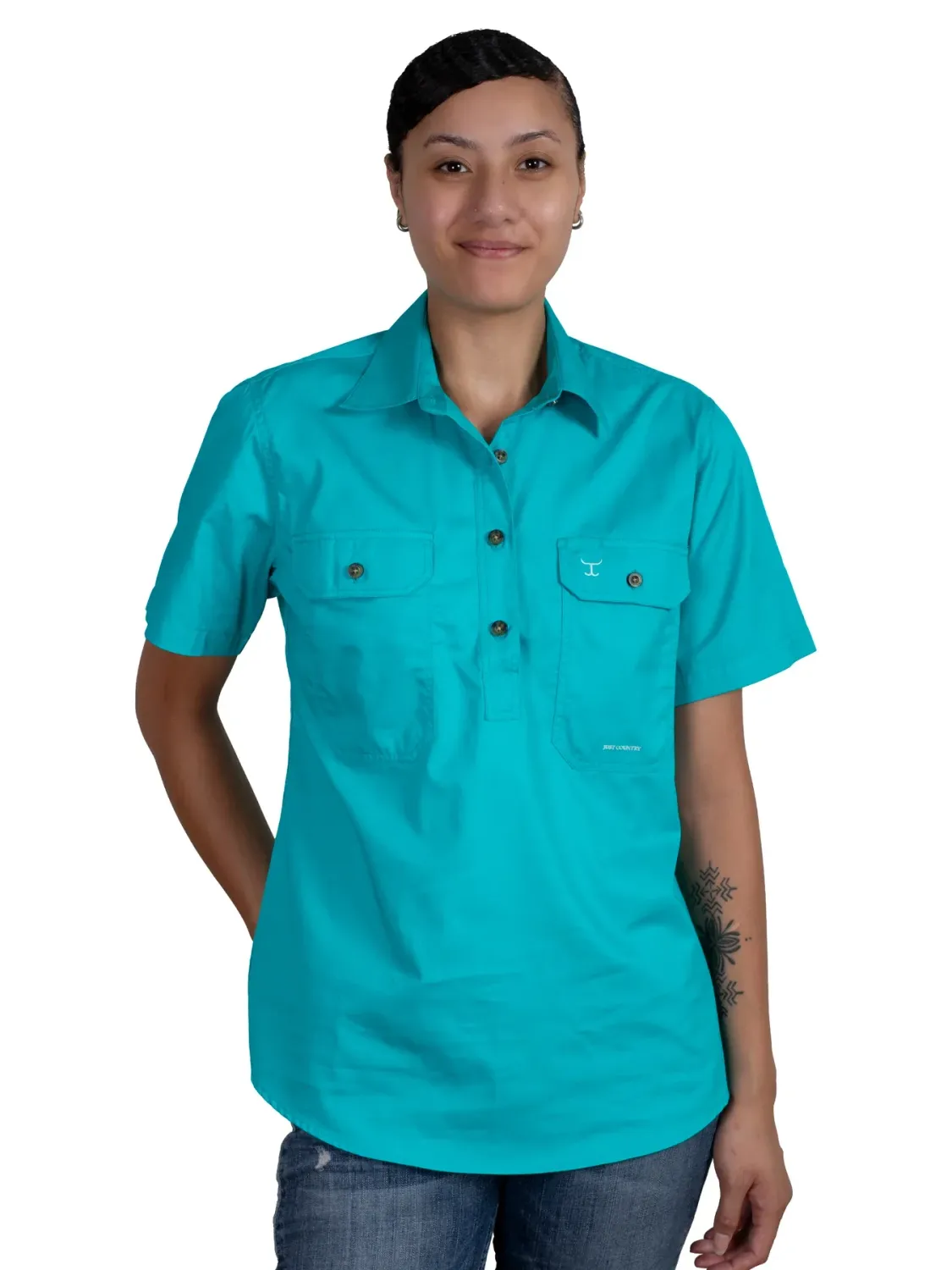 Just Country Ladies Evie Half Button Short Sleeve Turquoise Work Shirt, Size: XS (8)