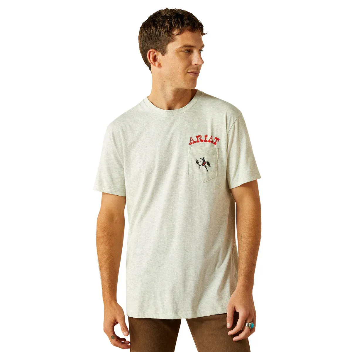 Ariat Mens Bronc Pocket Oatmeal Heather T-Shirt, Color: Oatmeal Heather, Size: S