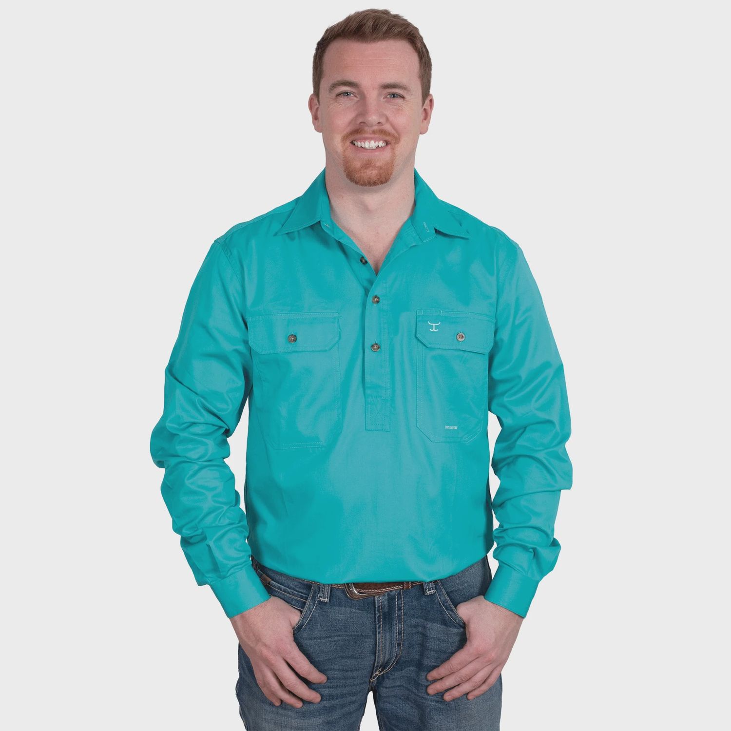 Just Country Mens Cameron Half Button Long Sleeve Turquoise Work Shirt, Size: S
