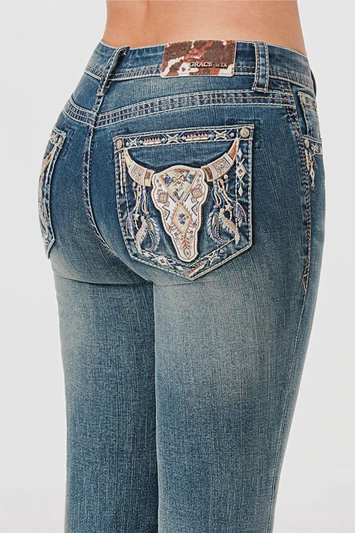 Grace In La Ladies White Bull Skull Jean, Size: 25
