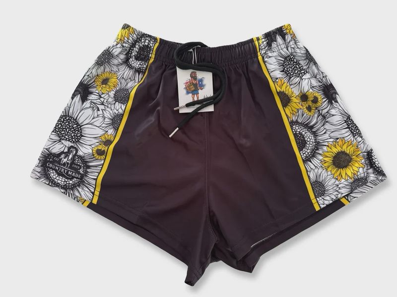 Aussie Footy Shorts Adult Sunflowers Black Footy Short