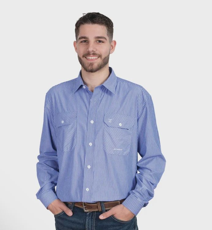 Just Country Mens Evan Bamboo Blend Blue and White Stripe Work Shirt, Size: S