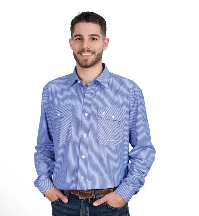 Just Country Mens Evan Bamboo Blend Blue and White Stripe Work Shirt, Size: S