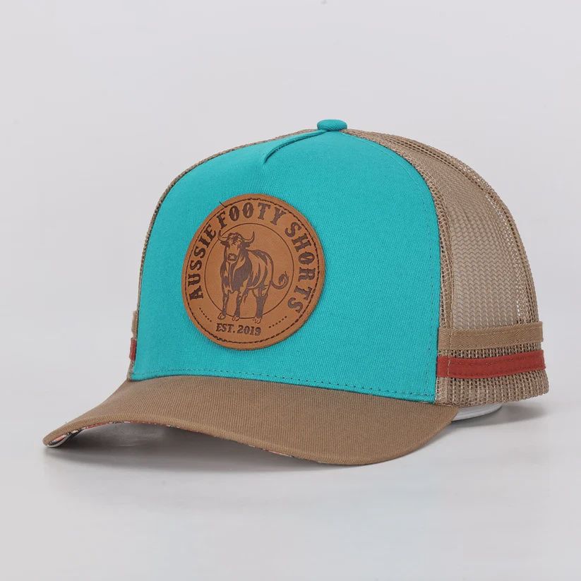 Aussie Footy Shorts Truckers Hat Country Made, Bull, Leather Patch Aztec