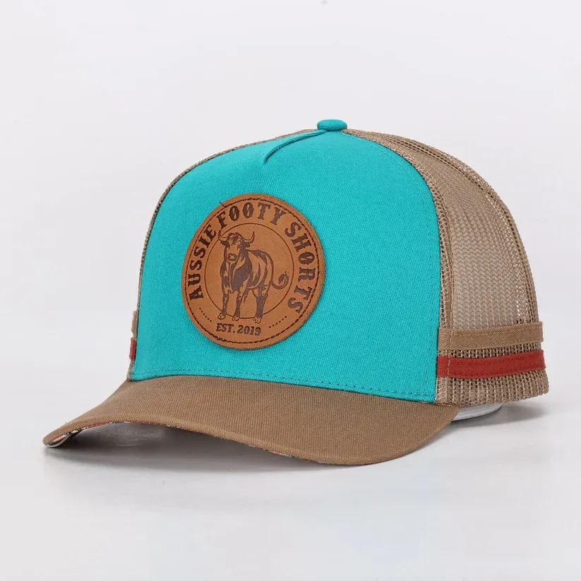 Aussie Footy Shorts Truckers Hat Country Made, Bull, Leather Patch Aztec