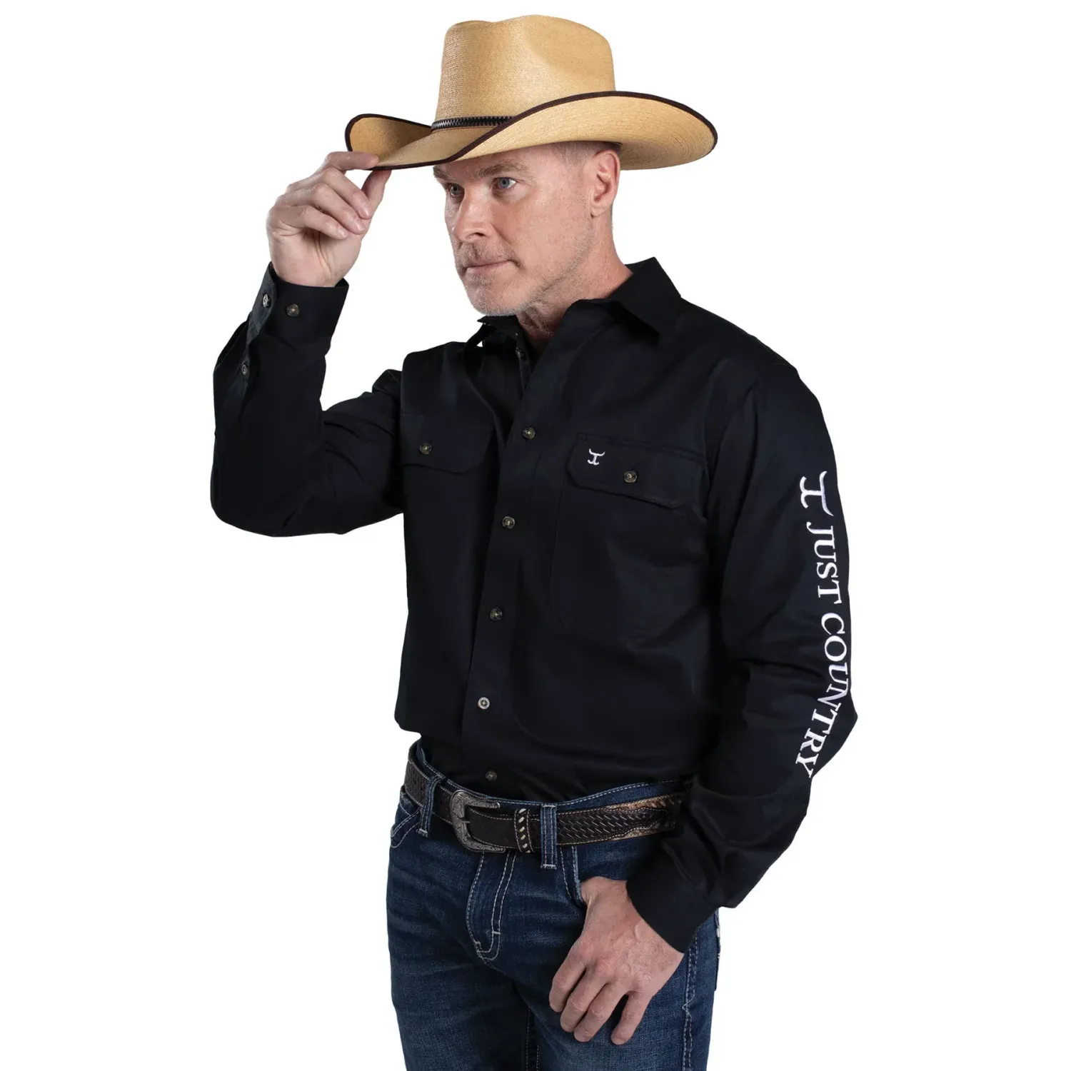 Just Country Mens Evan Embroidered Workshirt - Black/White, Size: S