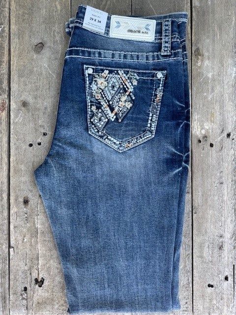Grace In La Ladies Embroidered Corner Flower Jean, Size: 25