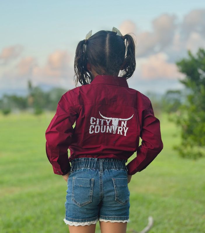 City N Country Kids Embroidered Burgundy and White Work Shirt