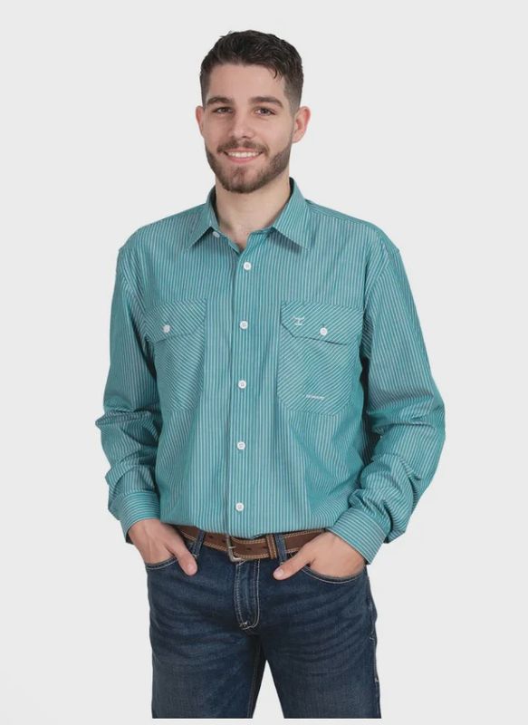 Just Country Mens Evan Bamboo Green and White Stripe Work Shirt
