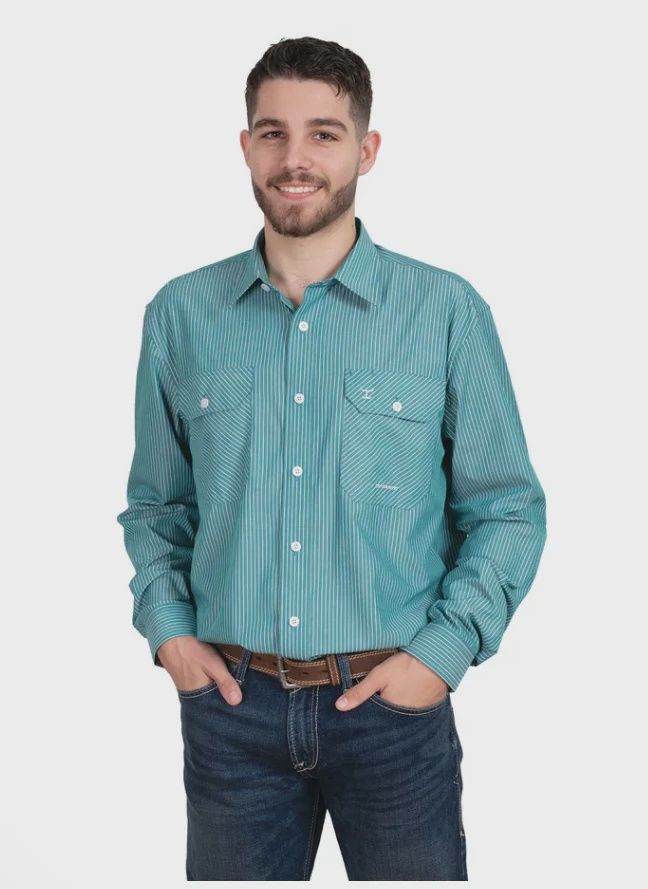 Just Country Mens Evan Bamboo Green and White Stripe Work Shirt, Size: S