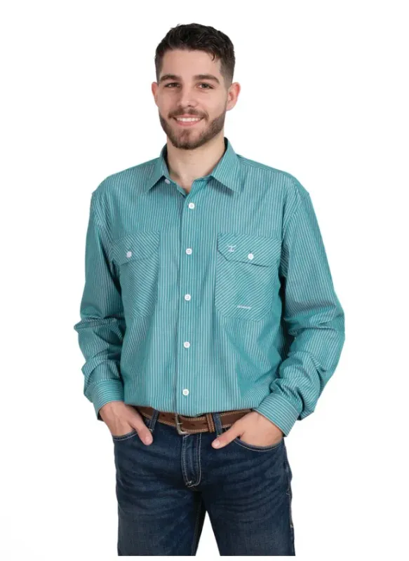 Just Country Mens Evan Bamboo Green and White Stripe Work Shirt
