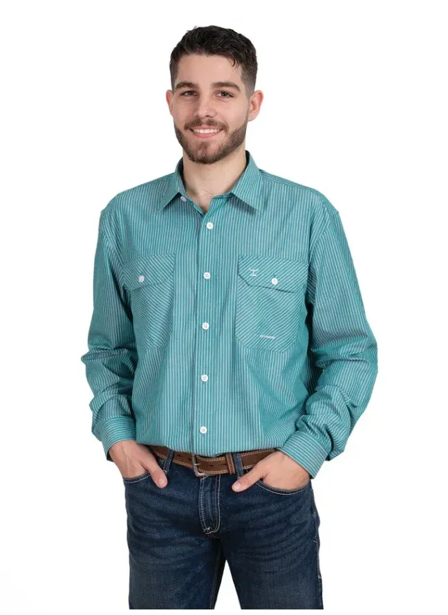 Just Country Mens Evan Bamboo Green and White Stripe Work Shirt, Size: S