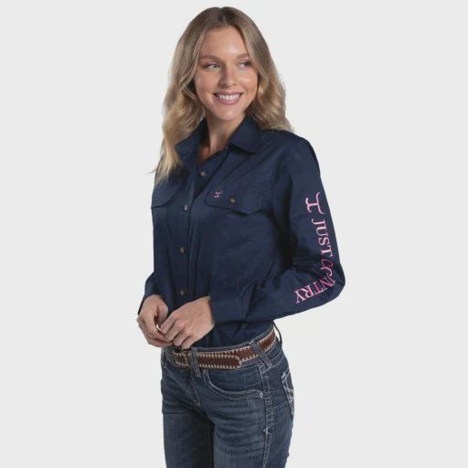Just Country Ladies Brooke Embroidered - Full Button Work Shirt Navy/Rose