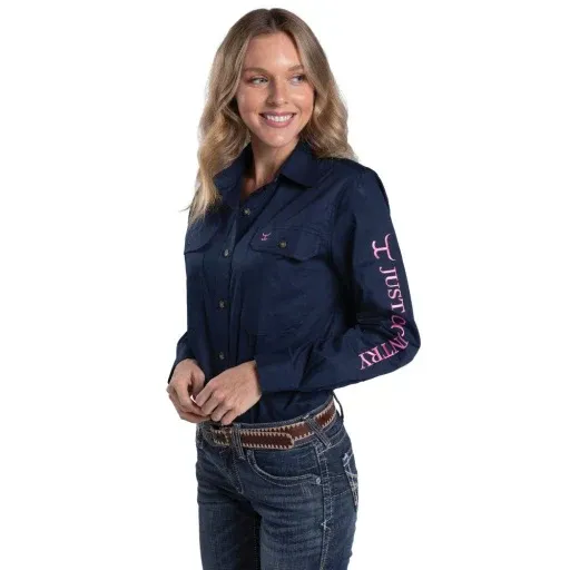 Just Country Ladies Brooke Embroidered - Full Button Work Shirt Navy/Rose