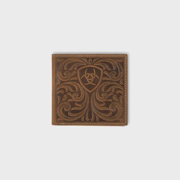 Ariat Bi Fold Scrolling embossed Medium Brown Leather Wallet
